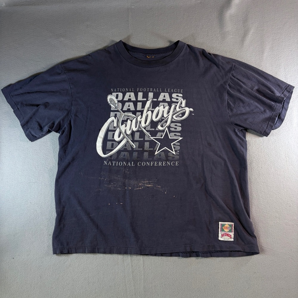 Vintage 90s Dallas Cowboys Nutmeg Mills Shirt Navy Blue NFL Graphic Tee Mens XL